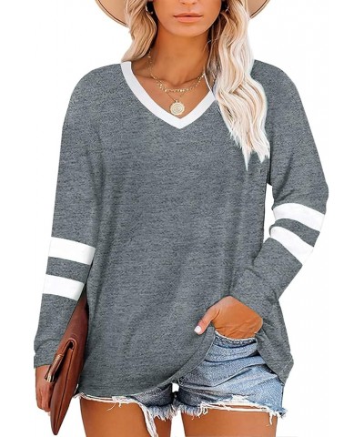 Women's Plus Size Tops Striped Long Sleeve V Neck T Shirts Color Block Casual Tunics Tee Shirt A-grey $14.24 Tops