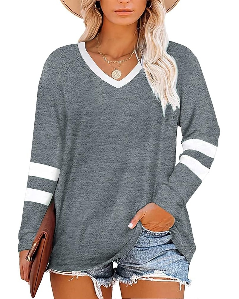 Women's Plus Size Tops Striped Long Sleeve V Neck T Shirts Color Block Casual Tunics Tee Shirt A-grey $14.24 Tops