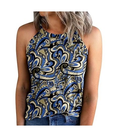 Vintage Printed Sleeveless Tops for Women Casual Slim Fit O Neck Halter TShirt Vests Tank Sleeveless Shirts Blouse (1-Navy, S...