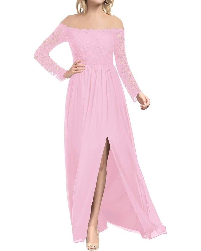 Mother of The Bride Dresses Long Evening Formal Dress Lace Prom Dress Off The Shoulder Slit Pink $30.78 Dresses