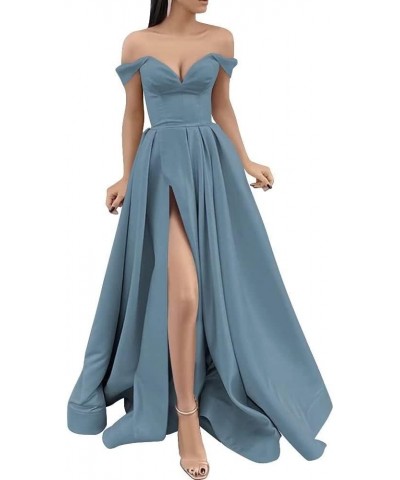 Off Shoulder Prom Dresses with Slit Long Satin Formal Evening Party Dresses for Women with Pockets YJY47 Dusty Blue $41.50 Dr...