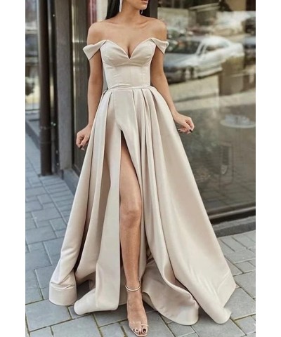 Off Shoulder Prom Dresses with Slit Long Satin Formal Evening Party Dresses for Women with Pockets YJY47 Dusty Blue $41.50 Dr...