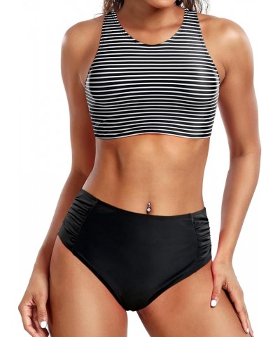 Women High Waisted Two Piece Bikini Bathing Suits for Teen Girls Sporty Swimsuit with Bottom Athletic Swimwear Black Striped ...