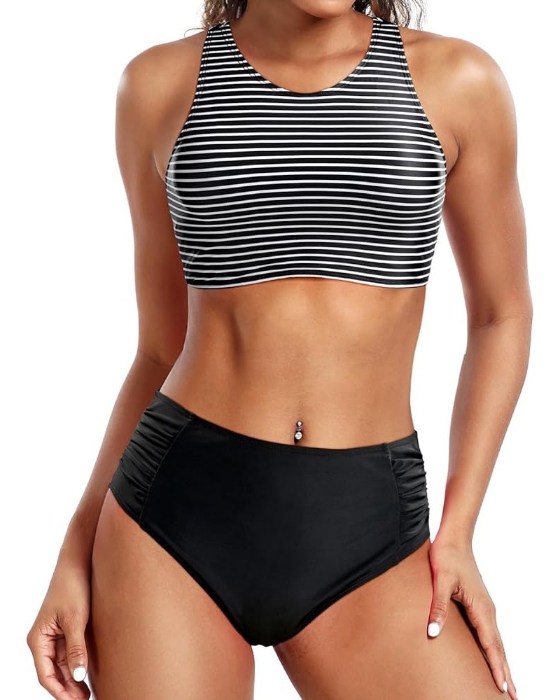 Women High Waisted Two Piece Bikini Bathing Suits for Teen Girls Sporty Swimsuit with Bottom Athletic Swimwear Black Striped ...