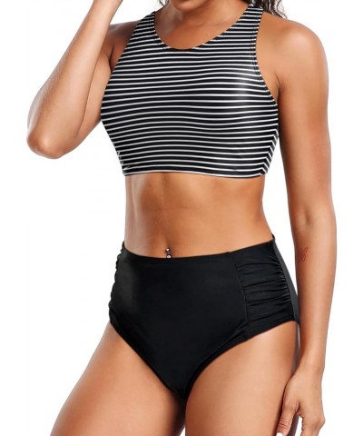 Women High Waisted Two Piece Bikini Bathing Suits for Teen Girls Sporty Swimsuit with Bottom Athletic Swimwear Black Striped ...