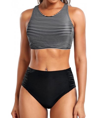 Women High Waisted Two Piece Bikini Bathing Suits for Teen Girls Sporty Swimsuit with Bottom Athletic Swimwear Black Striped ...