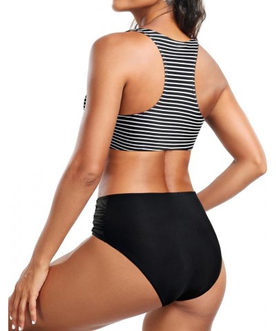 Women High Waisted Two Piece Bikini Bathing Suits for Teen Girls Sporty Swimsuit with Bottom Athletic Swimwear Black Striped ...