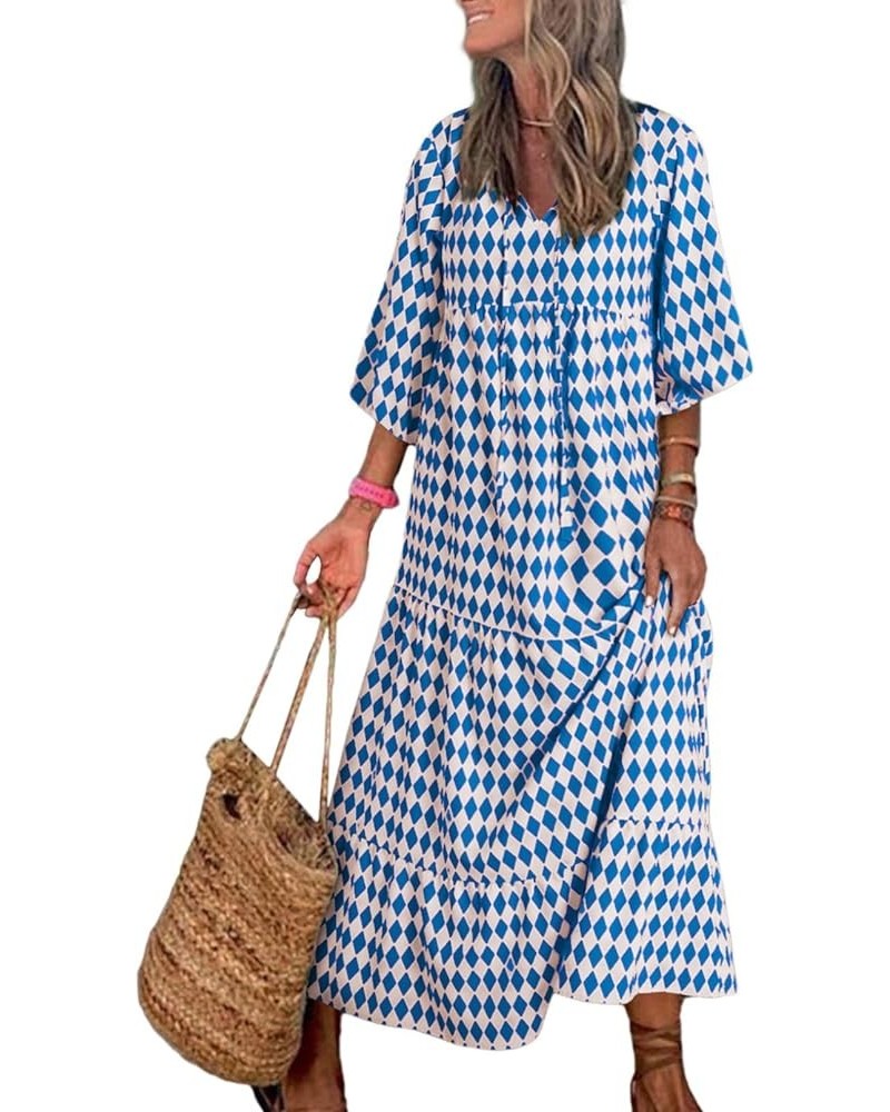 Women Boho Maxi Dresses 2024 V Neck Long Puff Sleeve Smocked Ruffle Flowy Casual Dress Blue $23.34 Dresses