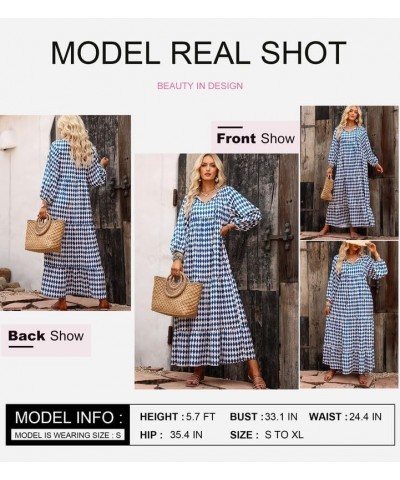 Women Boho Maxi Dresses 2024 V Neck Long Puff Sleeve Smocked Ruffle Flowy Casual Dress Blue $23.34 Dresses