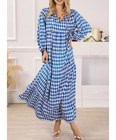 Women Boho Maxi Dresses 2024 V Neck Long Puff Sleeve Smocked Ruffle Flowy Casual Dress Blue $23.34 Dresses