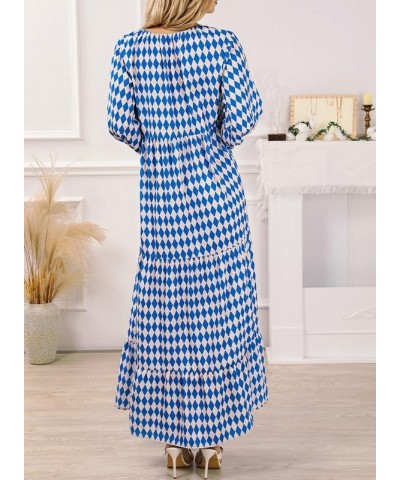 Women Boho Maxi Dresses 2024 V Neck Long Puff Sleeve Smocked Ruffle Flowy Casual Dress Blue $23.34 Dresses