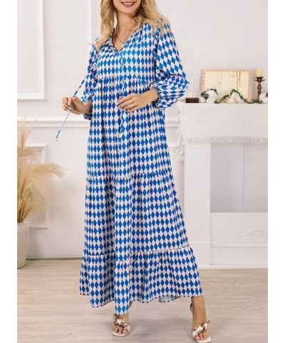 Women Boho Maxi Dresses 2024 V Neck Long Puff Sleeve Smocked Ruffle Flowy Casual Dress Blue $23.34 Dresses