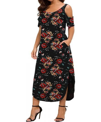 Women's Plus Size Summer Maxi Dresses Short Sleeve Casual Loose Plain Floral Print Split Long Dress with Pockets Red Flower $...