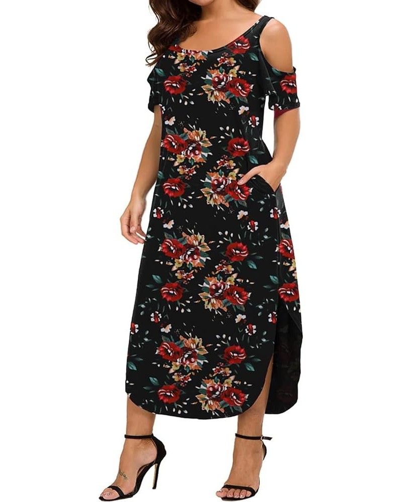 Women's Plus Size Summer Maxi Dresses Short Sleeve Casual Loose Plain Floral Print Split Long Dress with Pockets Red Flower $...