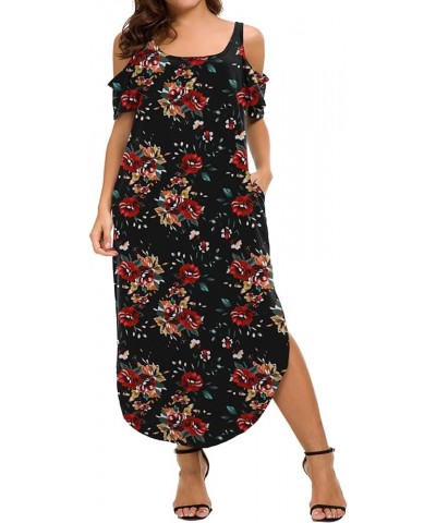 Women's Plus Size Summer Maxi Dresses Short Sleeve Casual Loose Plain Floral Print Split Long Dress with Pockets Red Flower $...