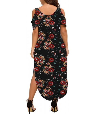 Women's Plus Size Summer Maxi Dresses Short Sleeve Casual Loose Plain Floral Print Split Long Dress with Pockets Red Flower $...