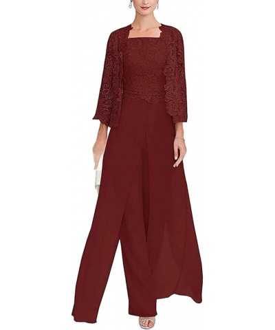 Women's 3 Pieces Lace Mother of The Bride Pant Suits with Long Sleeves Plus Size Jacket Dress Burgundy $33.97 Suits