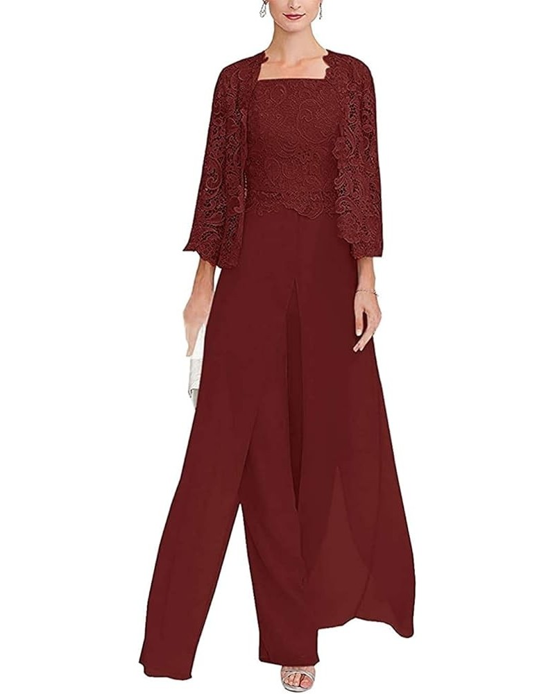 Women's 3 Pieces Lace Mother of The Bride Pant Suits with Long Sleeves Plus Size Jacket Dress Burgundy $33.97 Suits