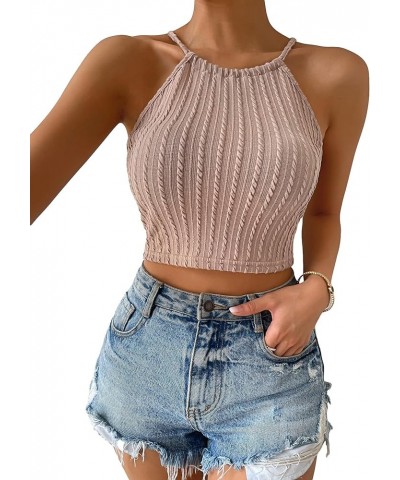 Women's Lace Up Tie Back Sleeveless Crop Top Textured Sexy Fitted Halter Top Apricot $9.50 Tanks