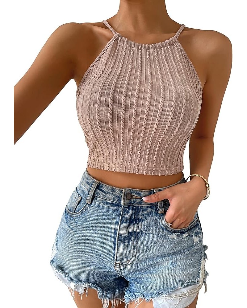 Women's Lace Up Tie Back Sleeveless Crop Top Textured Sexy Fitted Halter Top Apricot $9.50 Tanks