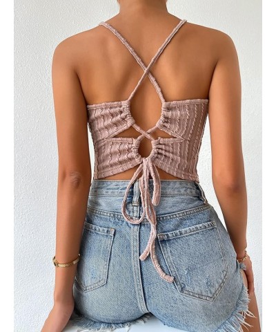 Women's Lace Up Tie Back Sleeveless Crop Top Textured Sexy Fitted Halter Top Apricot $9.50 Tanks