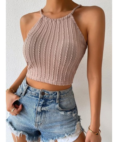 Women's Lace Up Tie Back Sleeveless Crop Top Textured Sexy Fitted Halter Top Apricot $9.50 Tanks