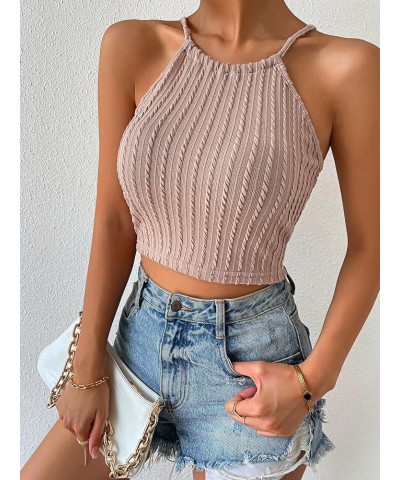 Women's Lace Up Tie Back Sleeveless Crop Top Textured Sexy Fitted Halter Top Apricot $9.50 Tanks