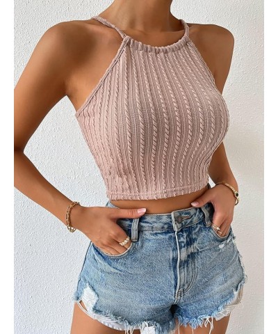 Women's Lace Up Tie Back Sleeveless Crop Top Textured Sexy Fitted Halter Top Apricot $9.50 Tanks