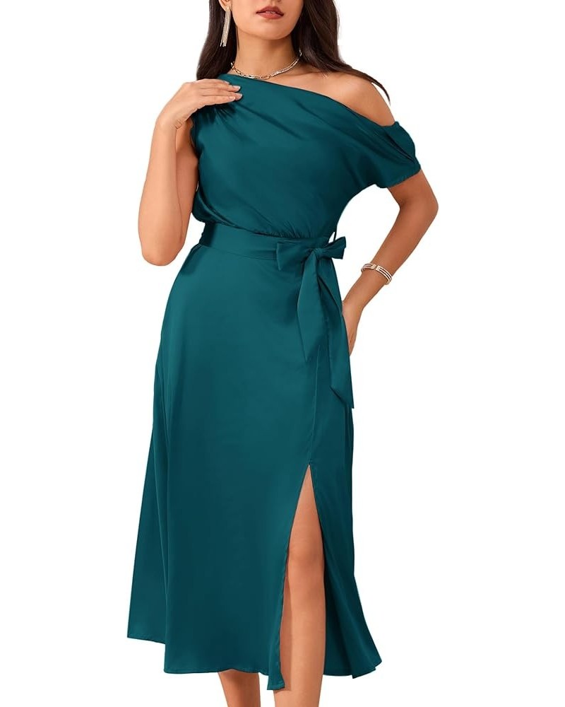 Women's Sleeveless One Shoulder Midi Cocktail Party Dress Satin Cap Sleeve Tie Waist Elegant A-Line Flowy Dresses Teal Blue $...