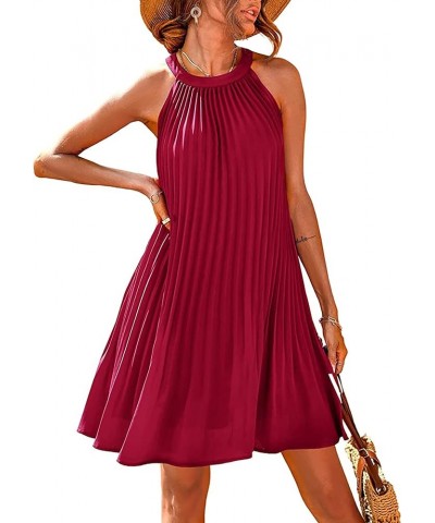 Women's Cute Halter Neck Sleeveless Mini Dress Solid Color Flowy Pleated Beach Dress Sundress Wine Red $19.27 Dresses