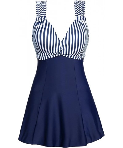 Women's One Piece High Waist Printing Swim Dress Padded Swimwear Dark Blue Stripe $24.91 Others