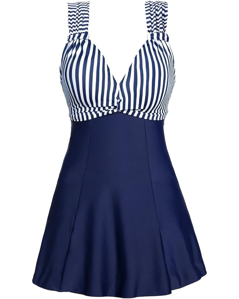 Women's One Piece High Waist Printing Swim Dress Padded Swimwear Dark Blue Stripe $24.91 Others