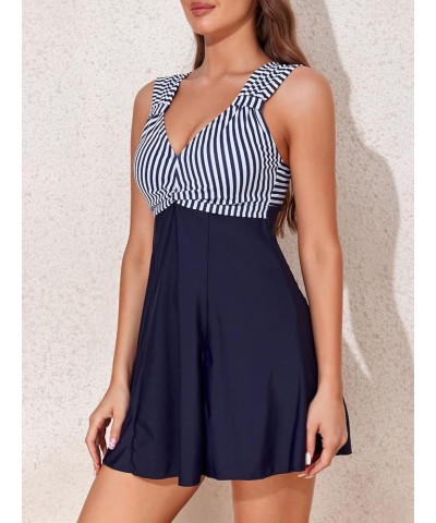 Women's One Piece High Waist Printing Swim Dress Padded Swimwear Dark Blue Stripe $24.91 Others