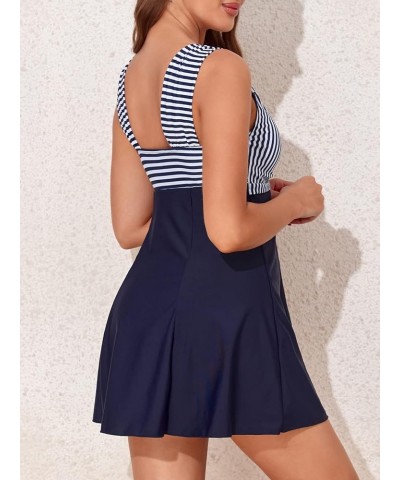 Women's One Piece High Waist Printing Swim Dress Padded Swimwear Dark Blue Stripe $24.91 Others