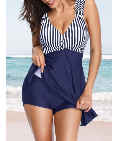 Women's One Piece High Waist Printing Swim Dress Padded Swimwear Dark Blue Stripe $24.91 Others