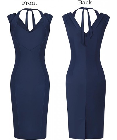 Womens Halter V Neck Pleated Fitted Cocktail Party Bodycon Pencil Dress Navy Blue $26.87 Dresses