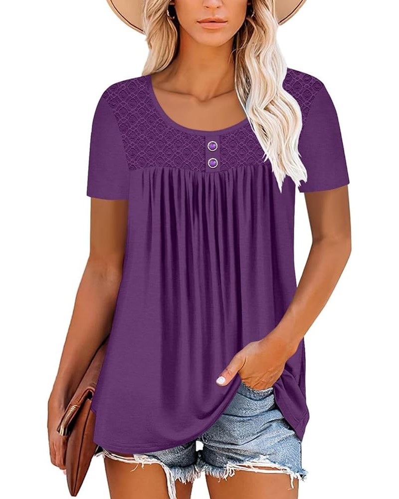 Womens Henley V Neck Casual Blouse Button Down T Shirts Flare and Flowy Tops 7-purple $12.74 Tops