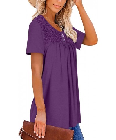 Womens Henley V Neck Casual Blouse Button Down T Shirts Flare and Flowy Tops 7-purple $12.74 Tops