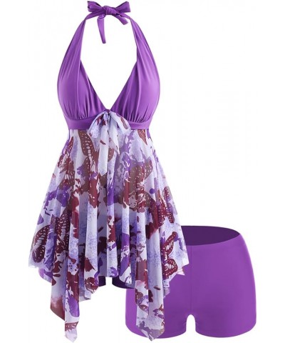 Women's Tankini Swimsuits Two Piece Padded Ruffled Flounce Bikini Set Ruched High Waisted Gothic Bathing Suit Purple_2 $23.77...