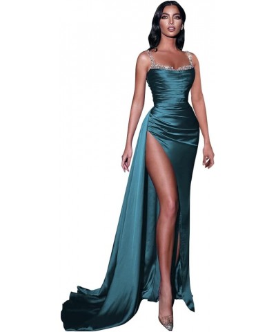 Mermaid Satin Prom Dresses for Women 2024 Cowl Neck Beaded Formal Evening Party Dress with Slit Peacock $32.50 Dresses