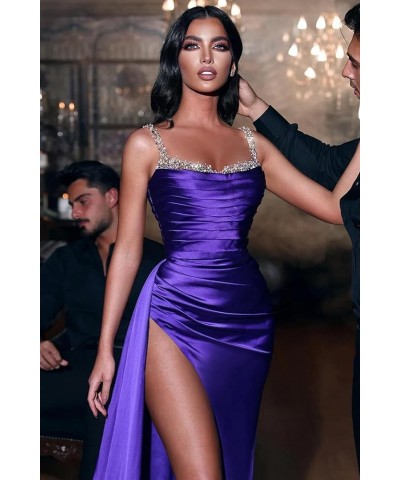 Mermaid Satin Prom Dresses for Women 2024 Cowl Neck Beaded Formal Evening Party Dress with Slit Peacock $32.50 Dresses