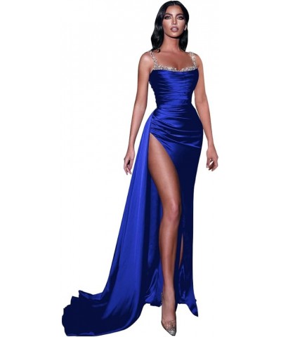 Mermaid Satin Prom Dresses for Women 2024 Cowl Neck Beaded Formal Evening Party Dress with Slit Peacock $32.50 Dresses