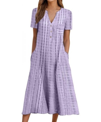 Women Casual Dress Summer Stripe Button V Neck Sleeveless with Pocket Long Dresses Holiday Beach Party Midi Dress 002-purple ...