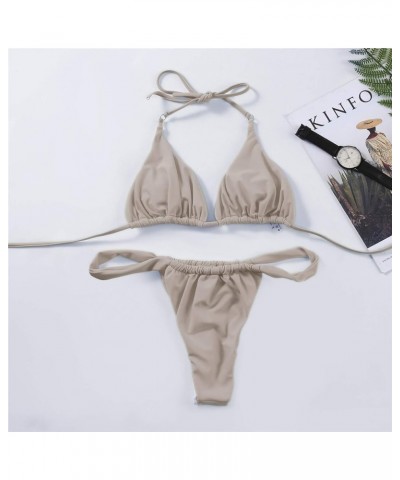 Bikini Sets for Women,Women Sexy Solid Push Up High Cut Lace Up Halter Bikini Set Two Piece Swimsuit Khaki $10.81 Swimsuits