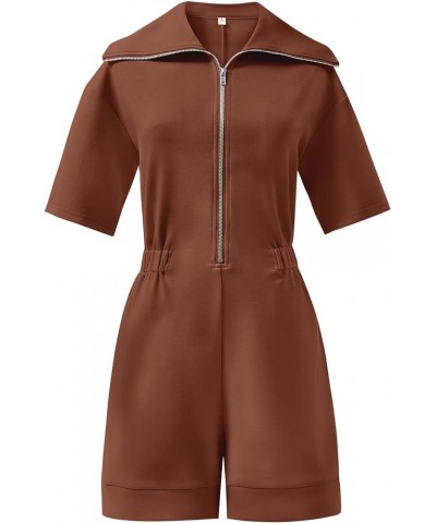 Women's Casual Rompers Short Sleeve Half Zip Collars Shorts Jumpsuits Summer Outfits Red Brown $11.99 Rompers