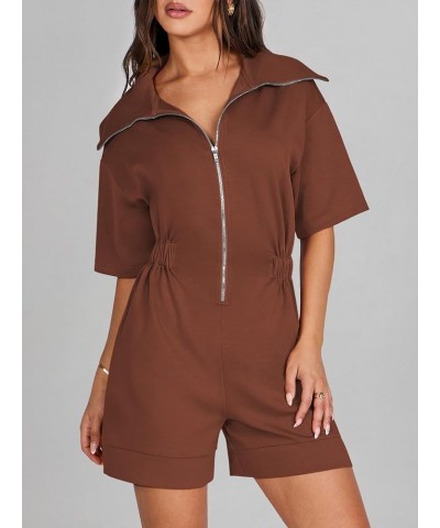 Women's Casual Rompers Short Sleeve Half Zip Collars Shorts Jumpsuits Summer Outfits Red Brown $11.99 Rompers