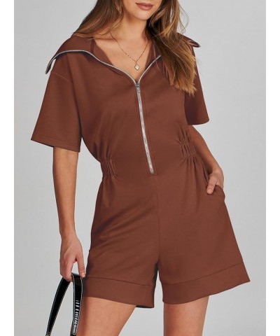 Women's Casual Rompers Short Sleeve Half Zip Collars Shorts Jumpsuits Summer Outfits Red Brown $11.99 Rompers