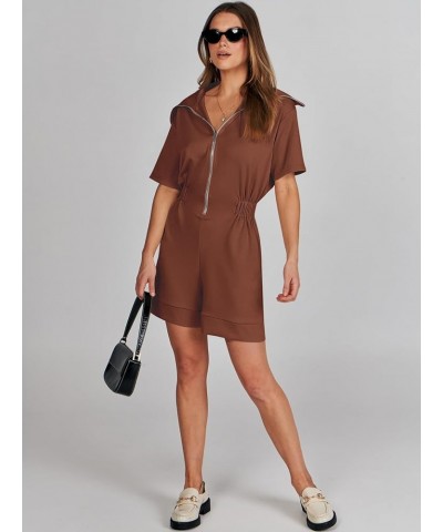 Women's Casual Rompers Short Sleeve Half Zip Collars Shorts Jumpsuits Summer Outfits Red Brown $11.99 Rompers