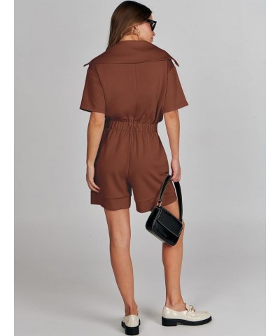 Women's Casual Rompers Short Sleeve Half Zip Collars Shorts Jumpsuits Summer Outfits Red Brown $11.99 Rompers