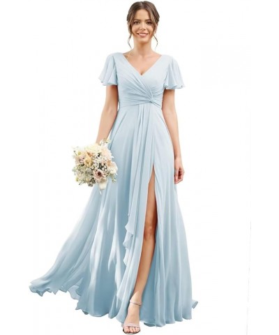 Bridesmaid Dresses for Women with Slit Long A Line Chiffon V Neck Sleeves Bridesmaid Dress for Wedding 2024 Light Blue $31.85...